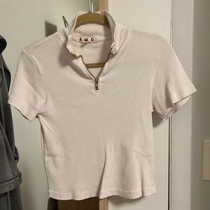 AMO Small cropped zip ribbed white t shirt